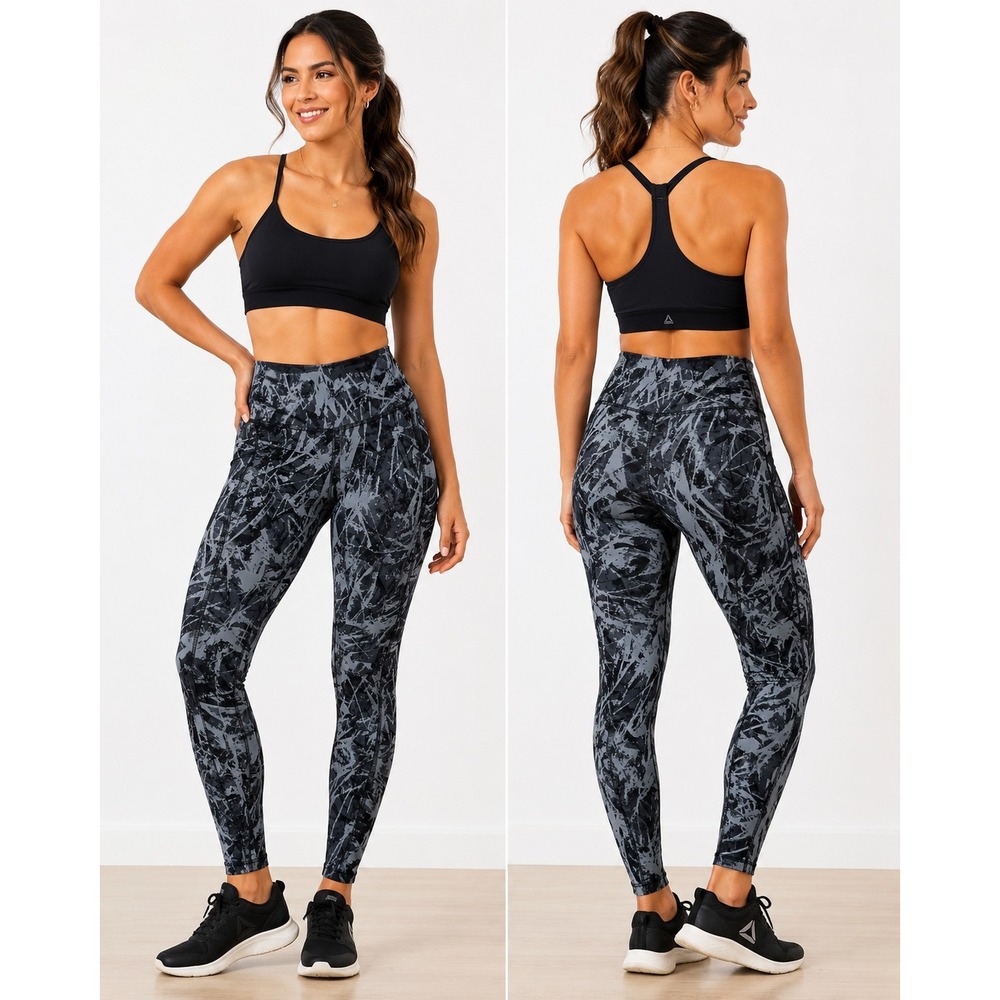 Reebok Activewear Geometric Print S Leggings Grey Black Yoga‎ Running Pants